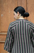Charcoal Handwoven Striped Co-ord set with Raglan Sleeves and Wide Legged Pyjama