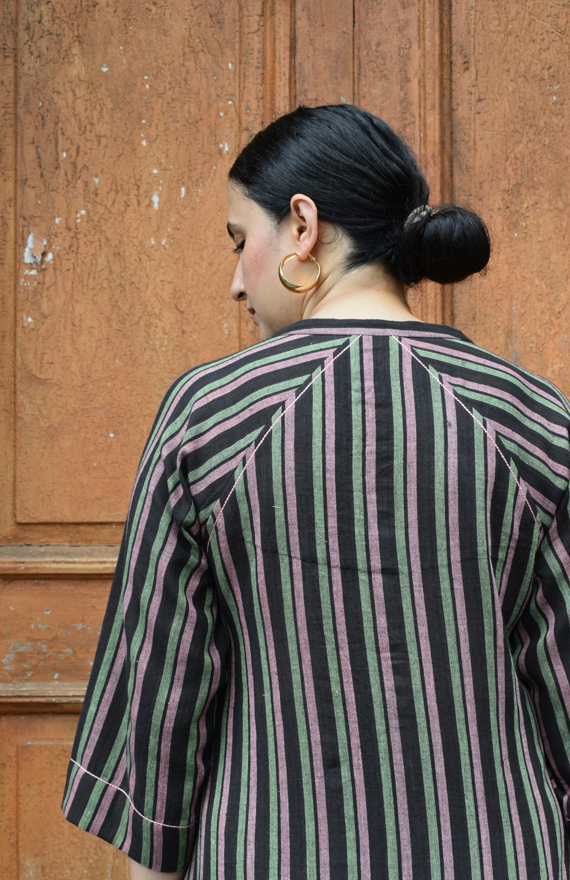 Charcoal Handwoven Striped Co-ord set with Raglan Sleeves and Wide Legged Pyjama