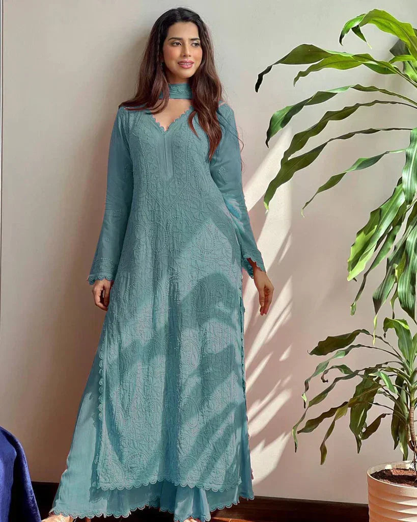 Aarika Rama Pink Chikankari Kurta Palazzo Set