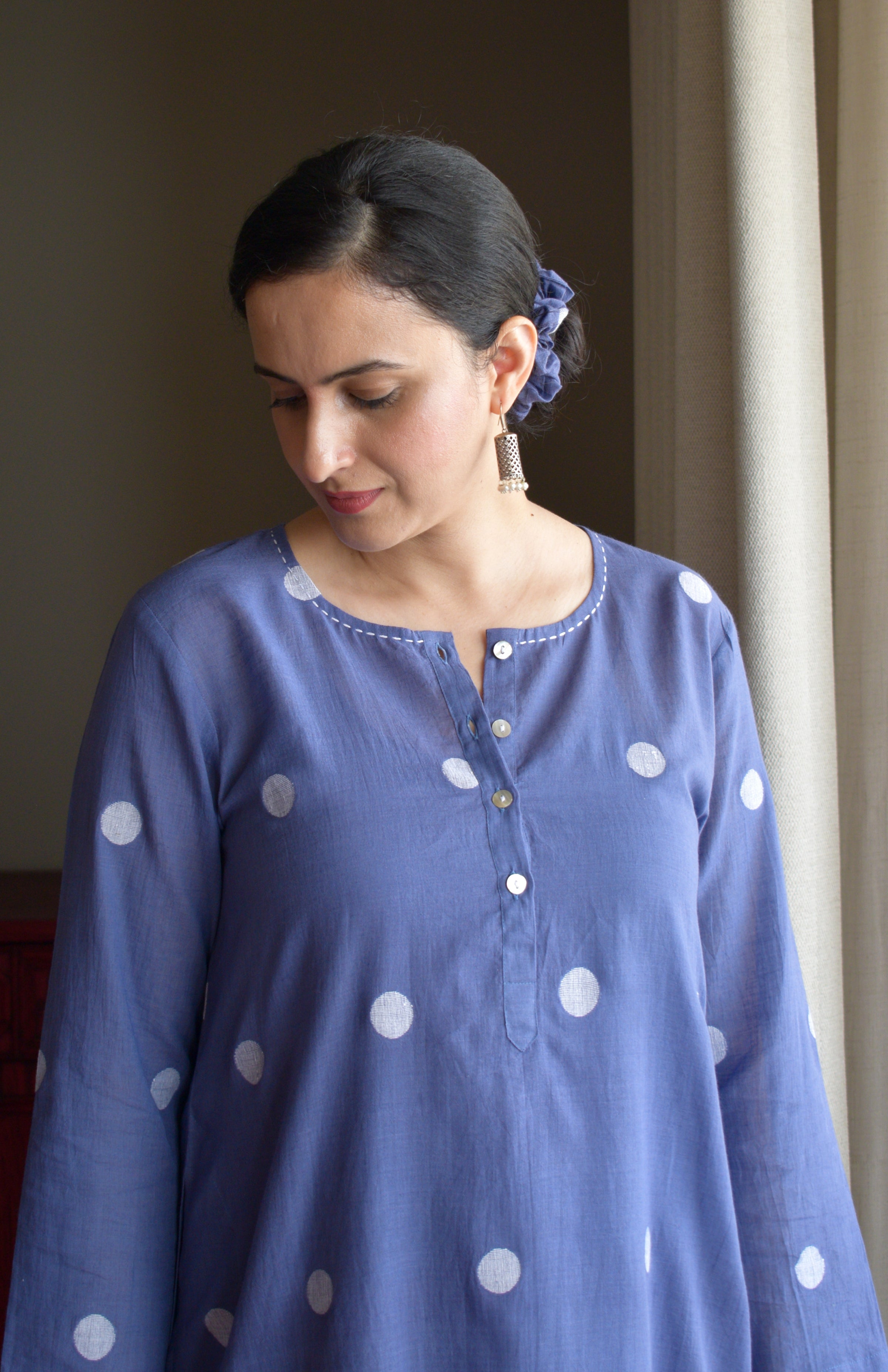 Denim Blue Jamdani Polka Dot Kurta with White pyjama