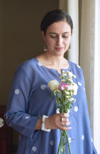 Denim Blue Jamdani Polka Dot Kurta with White pyjama