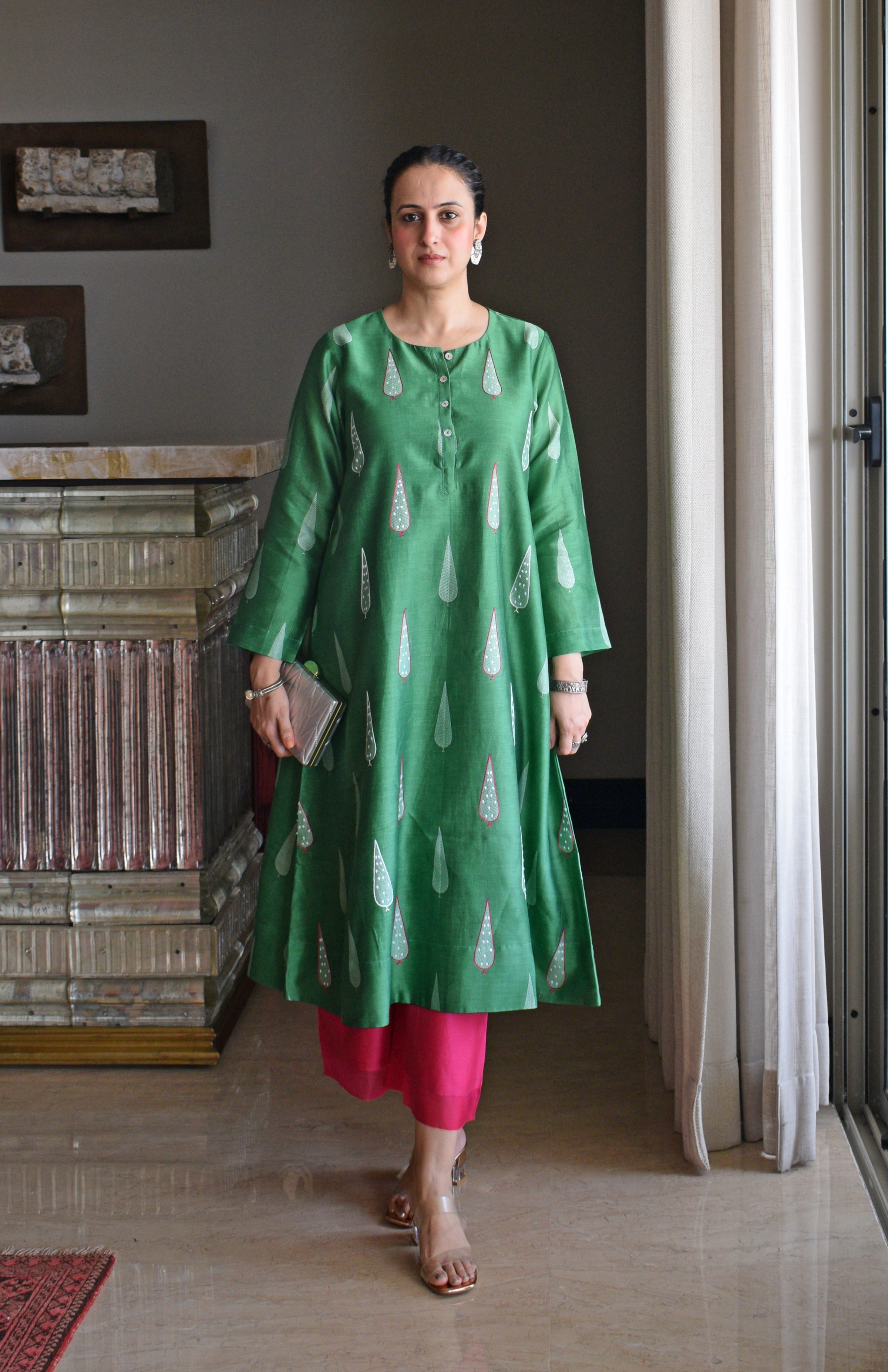 Green Chanderi Hand Embroidered A line Kurta