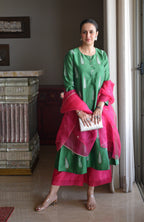 Green Chanderi Hand Embroidered A line Kurta