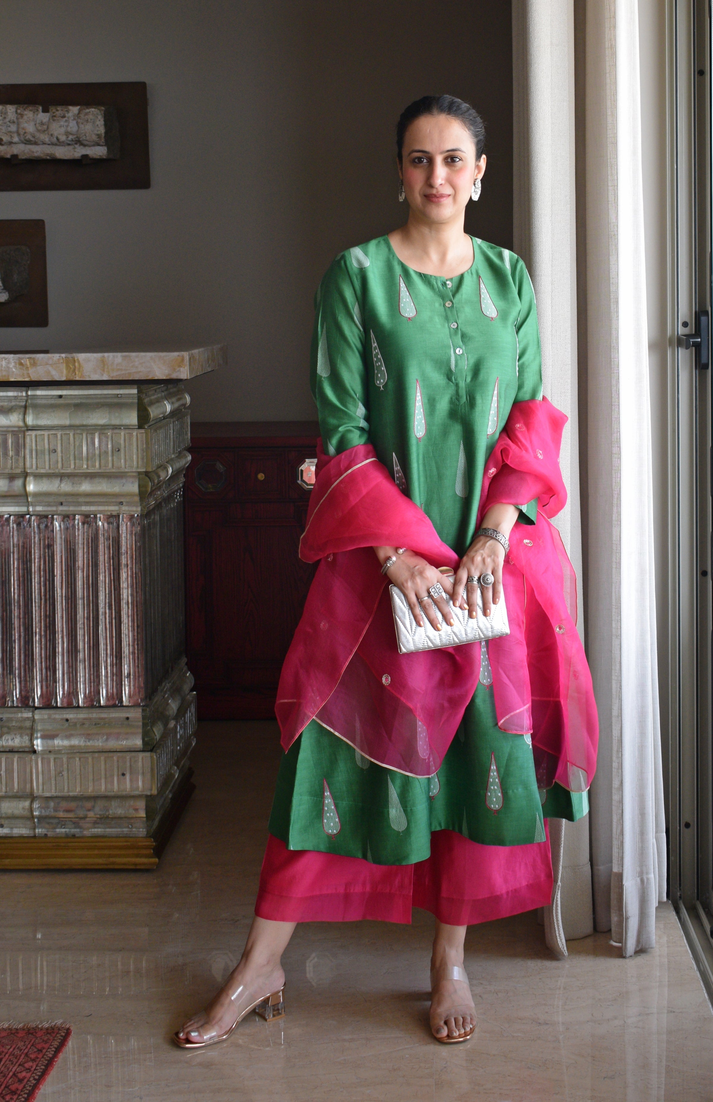 Green Chanderi Hand Embroidered A line Kurta