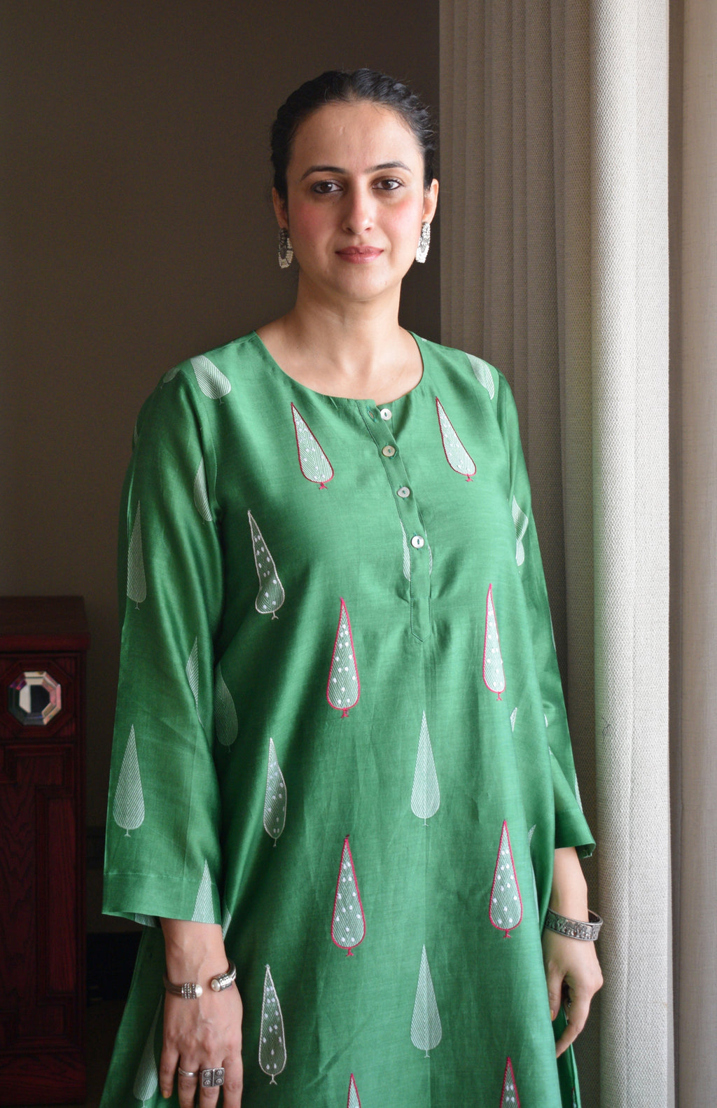 Green Chanderi Hand Embroidered A line Kurta