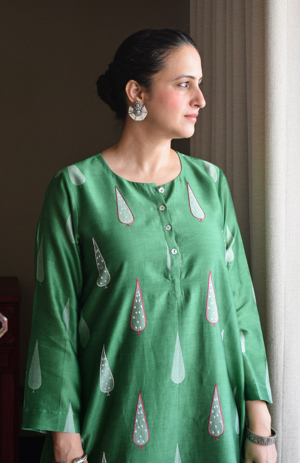Green Chanderi Hand Embroidered A line Kurta