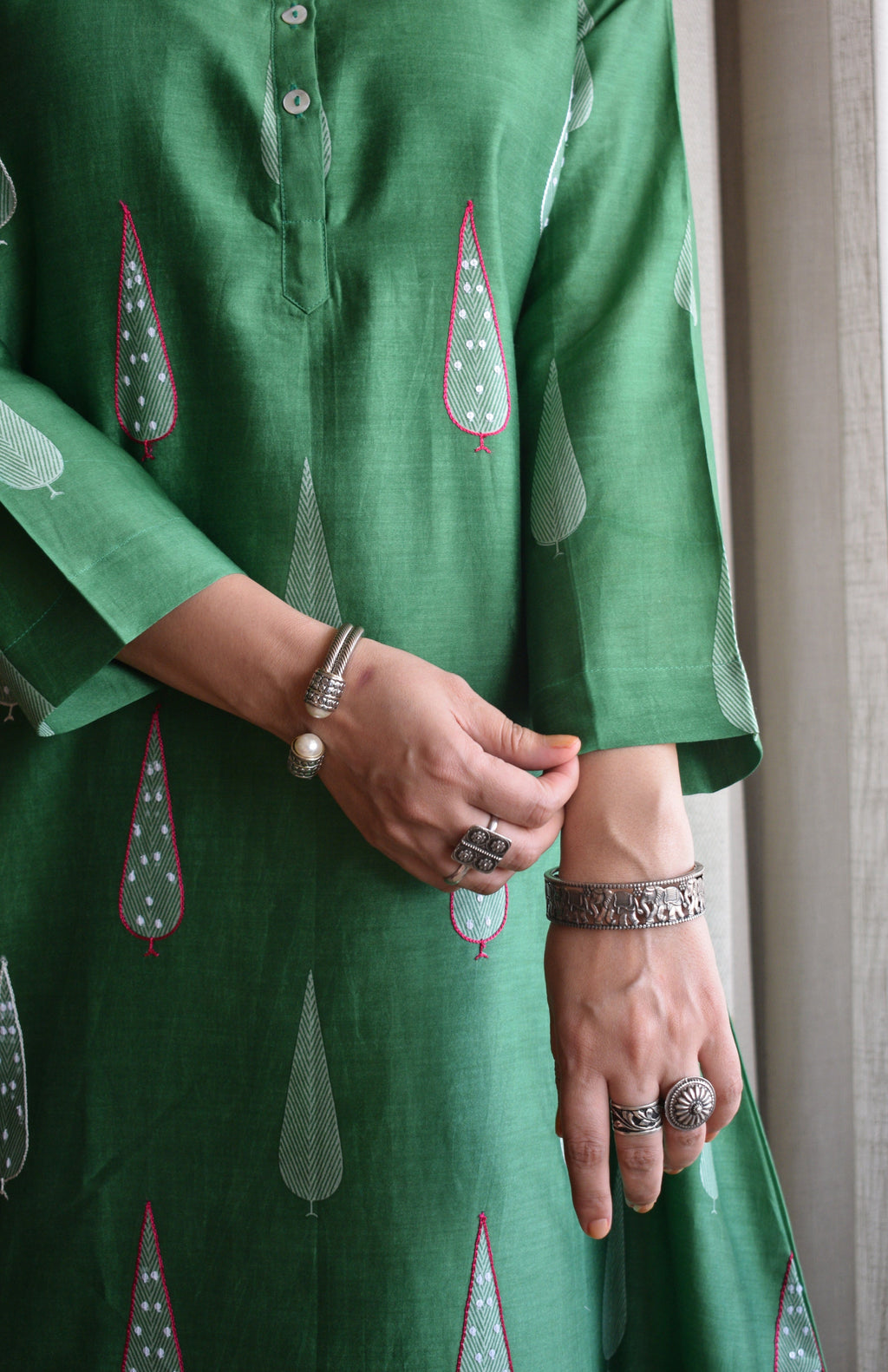 Green Chanderi Hand Embroidered A line Kurta