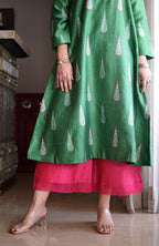 Green Chanderi Hand Embroidered A line Kurta