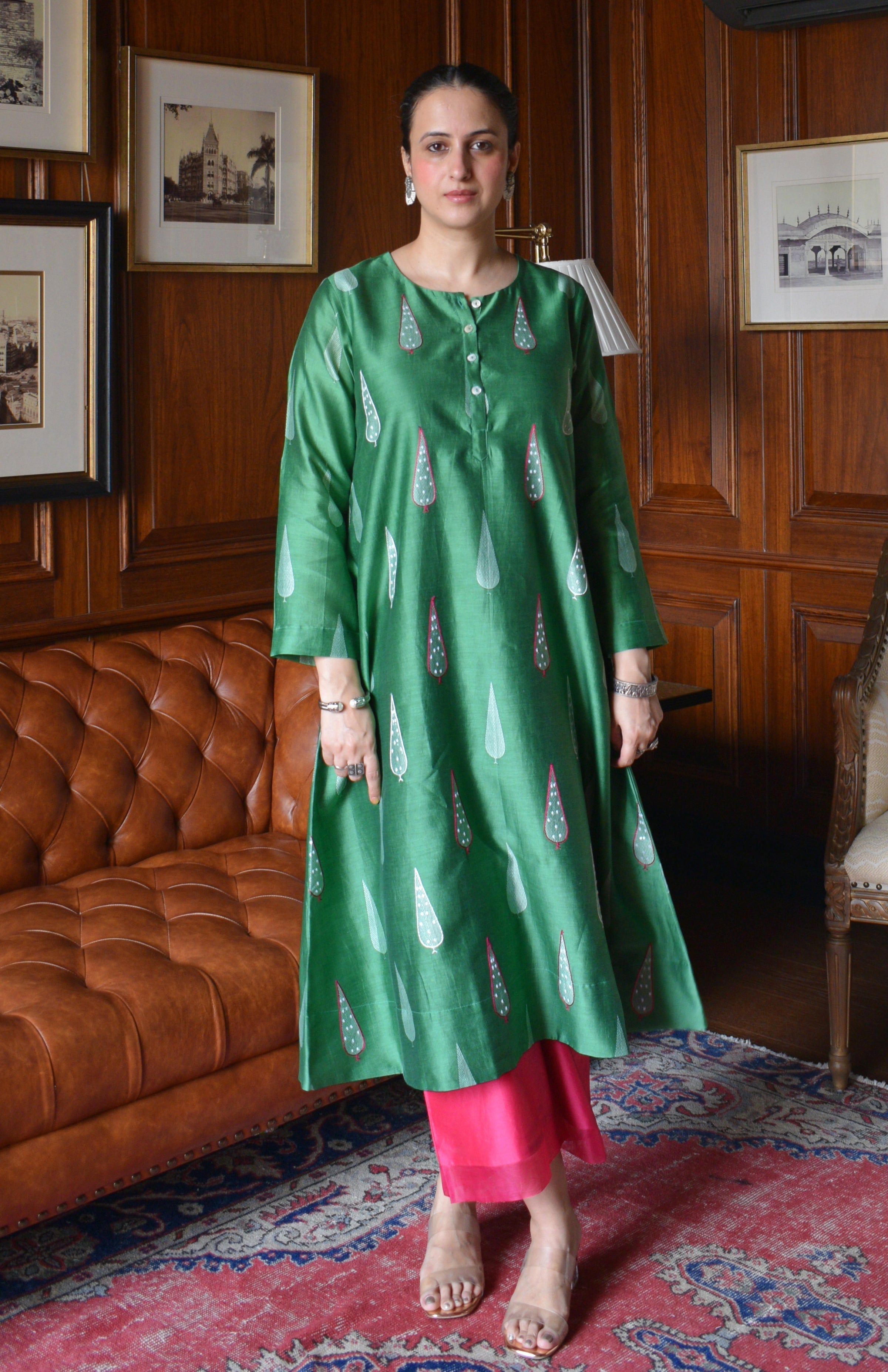 Green Chanderi Hand Embroidered A line Kurta