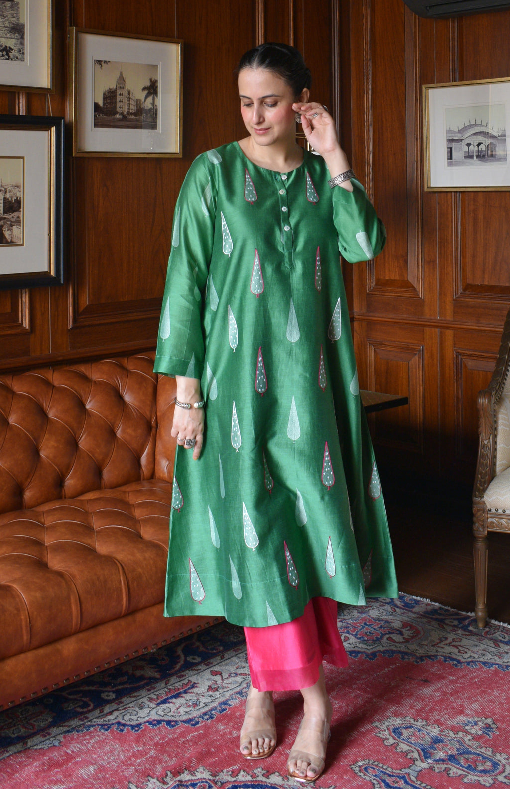 Green Chanderi Hand Embroidered A line Kurta