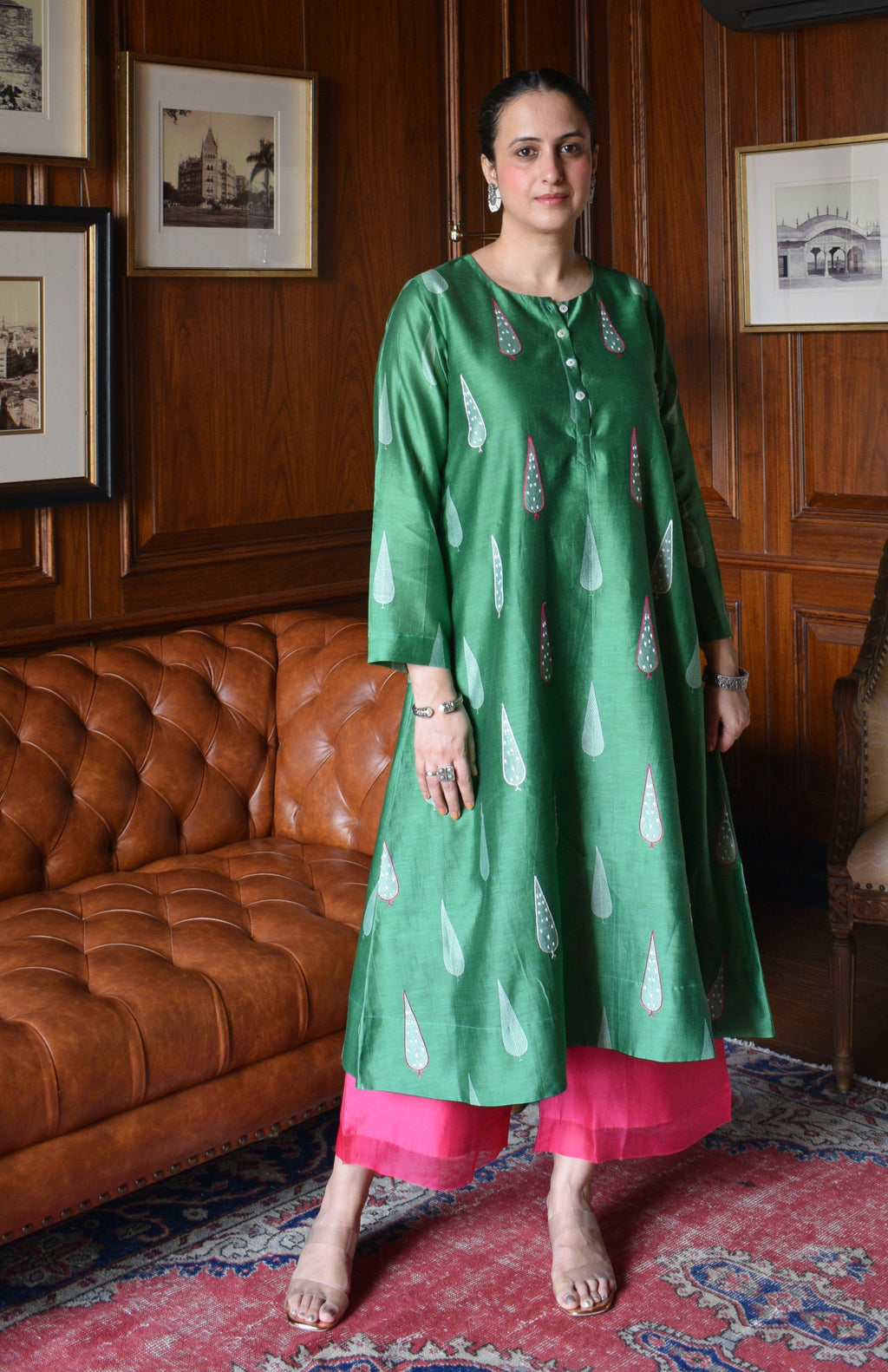 Green Chanderi Hand Embroidered A line Kurta