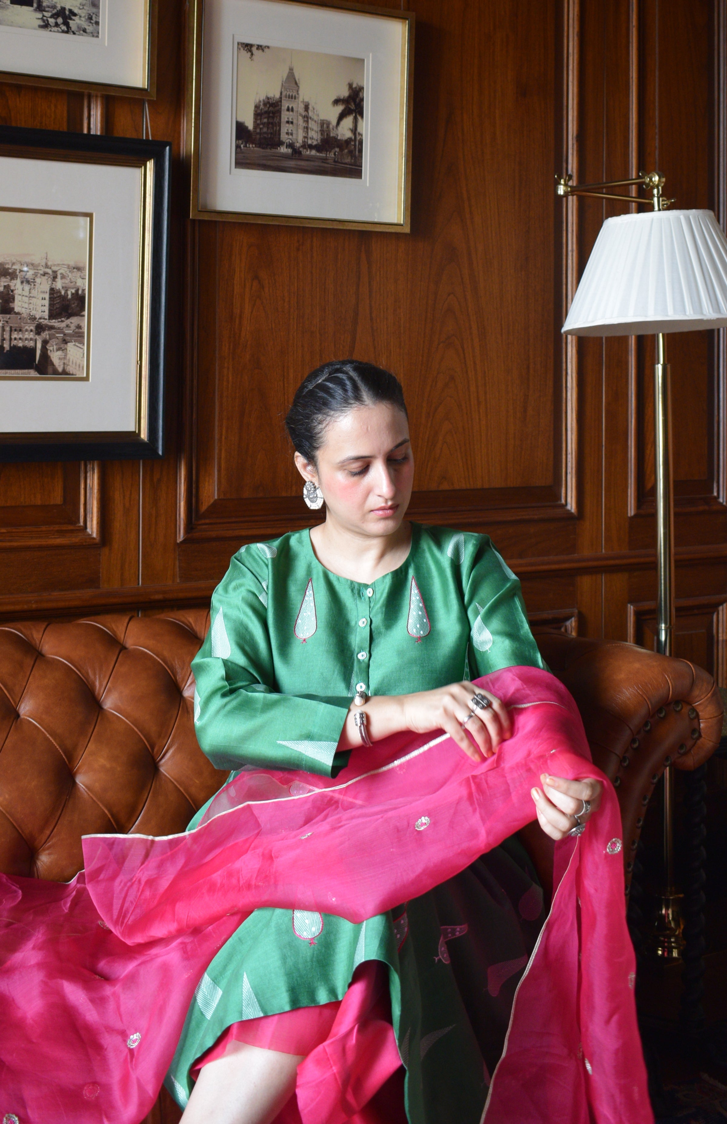 Green Chanderi Hand Embroidered A line Kurta