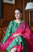 Green Chanderi Hand Embroidered A line Kurta