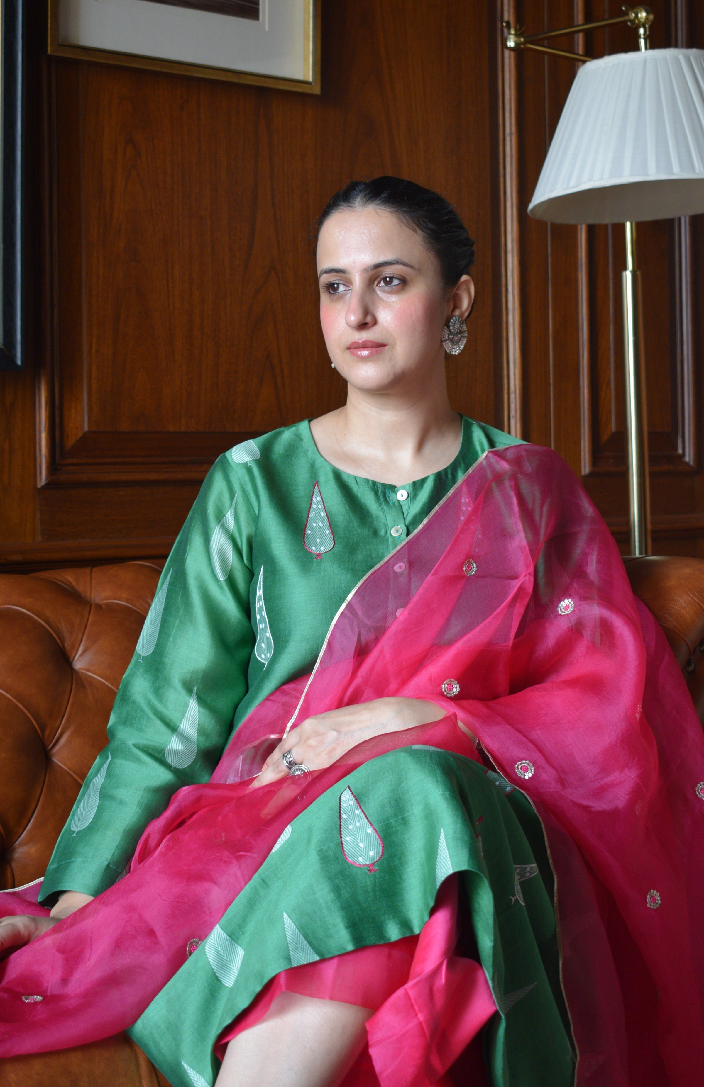 Green Chanderi Hand Embroidered A line Kurta