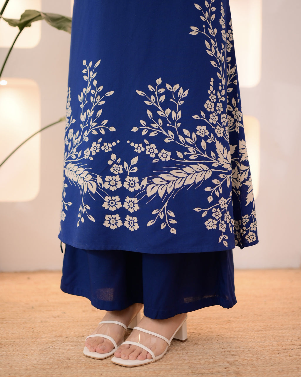 Morocco Blue Petals Cotton A Line Kurta Palazzo Set