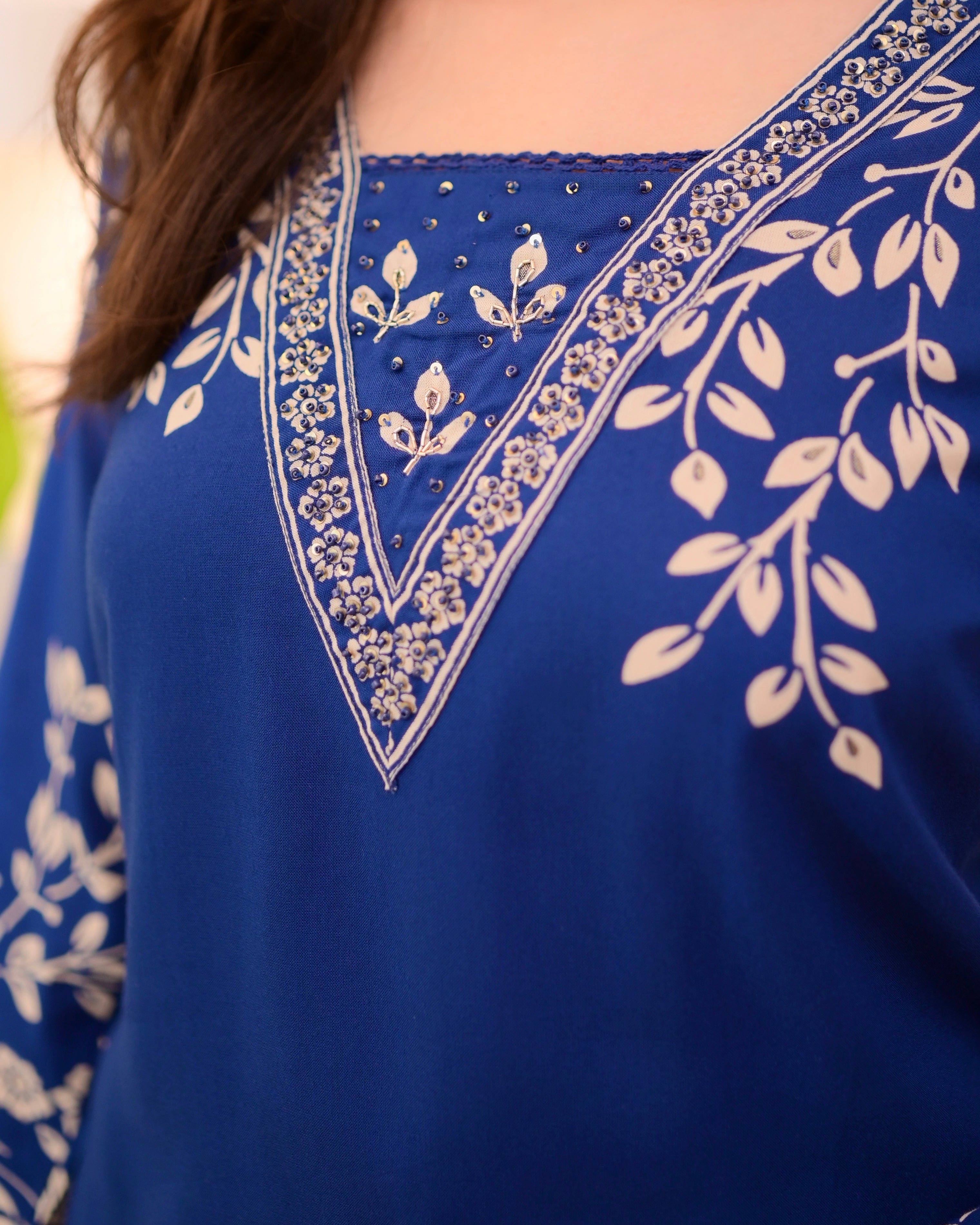 Morocco Blue Petals Cotton A Line Kurta Palazzo Set