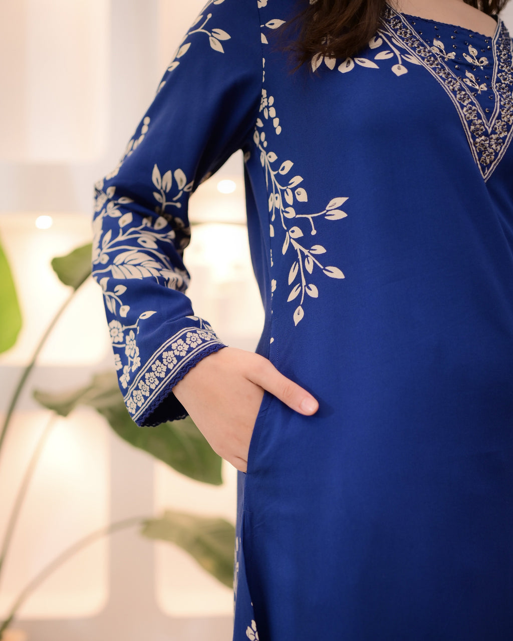 Morocco Blue Petals Cotton A Line Kurta Palazzo Set