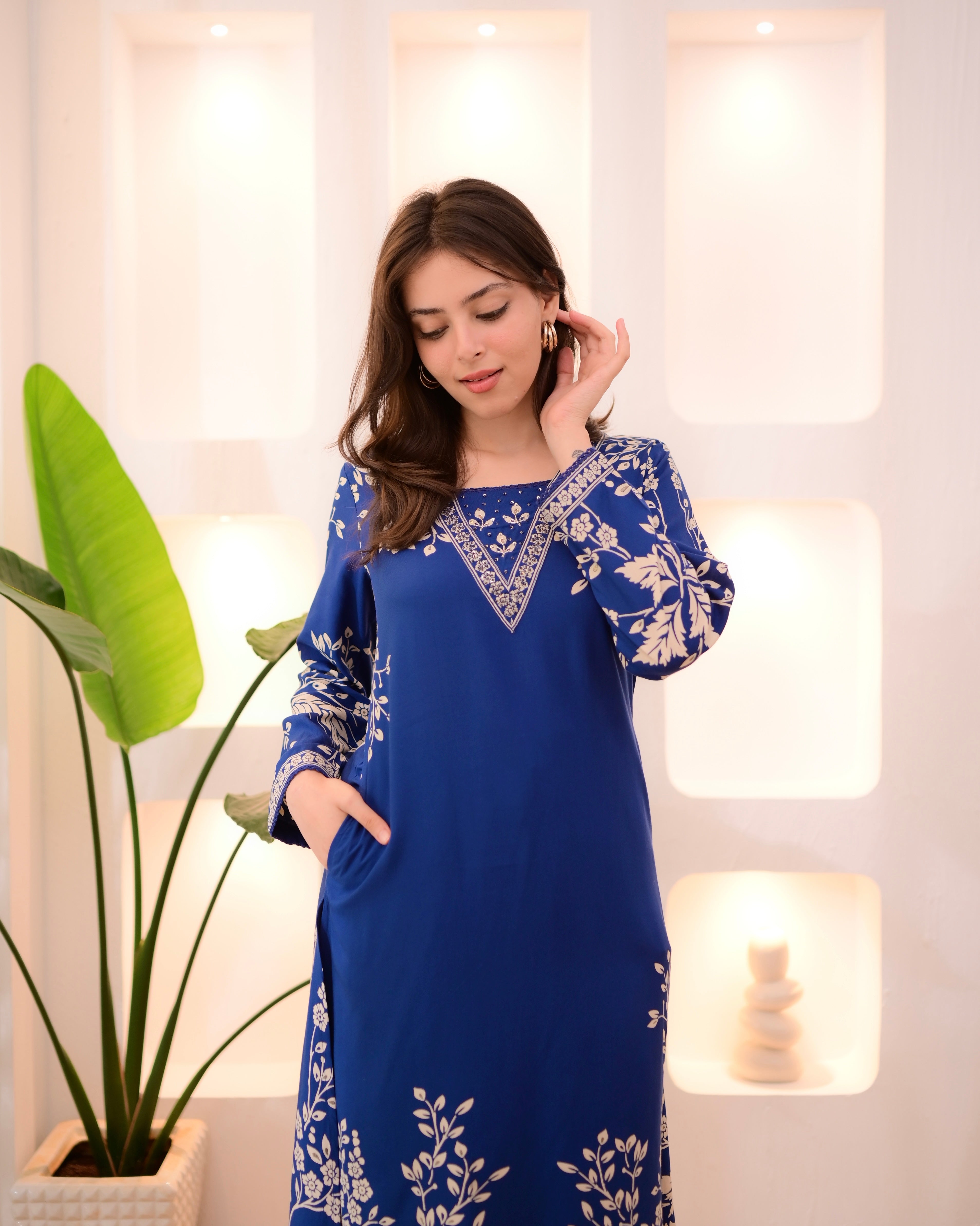 Morocco Blue Petals Cotton A Line Kurta Palazzo Set