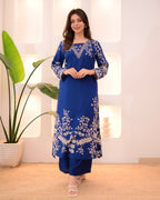 Morocco Blue Petals Cotton A Line Kurta Palazzo Set