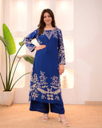 Morocco Blue Petals Cotton A Line Kurta Palazzo Set