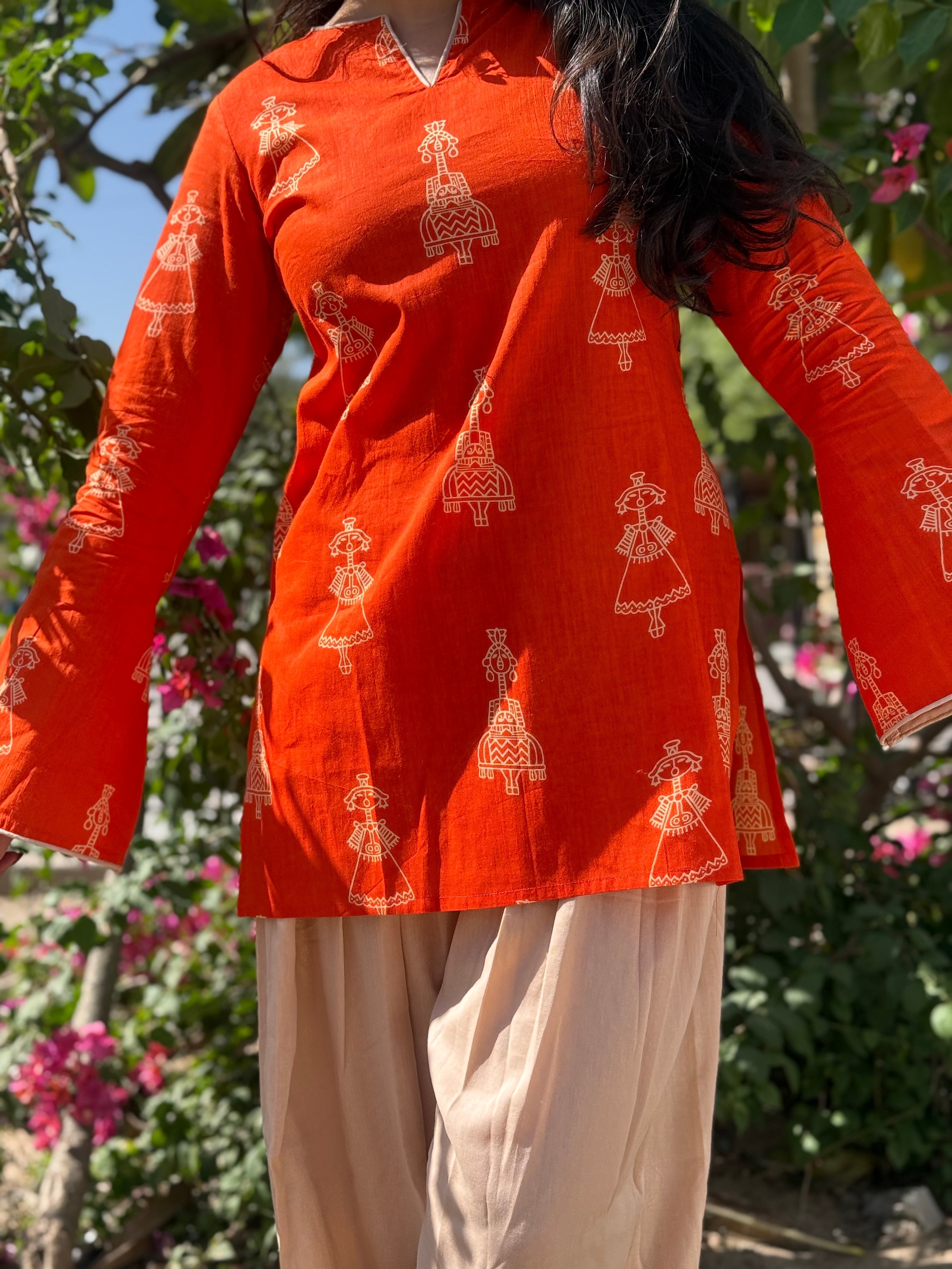 Orange Handblock Farshi Salwar Set