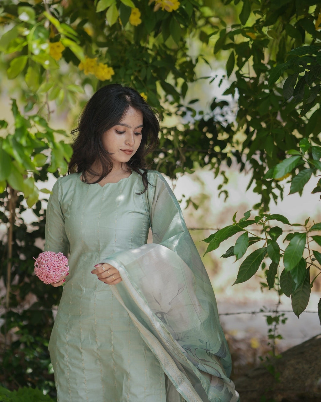 Soft Mint Green Textured Kurta Set with Sheer Dupatta