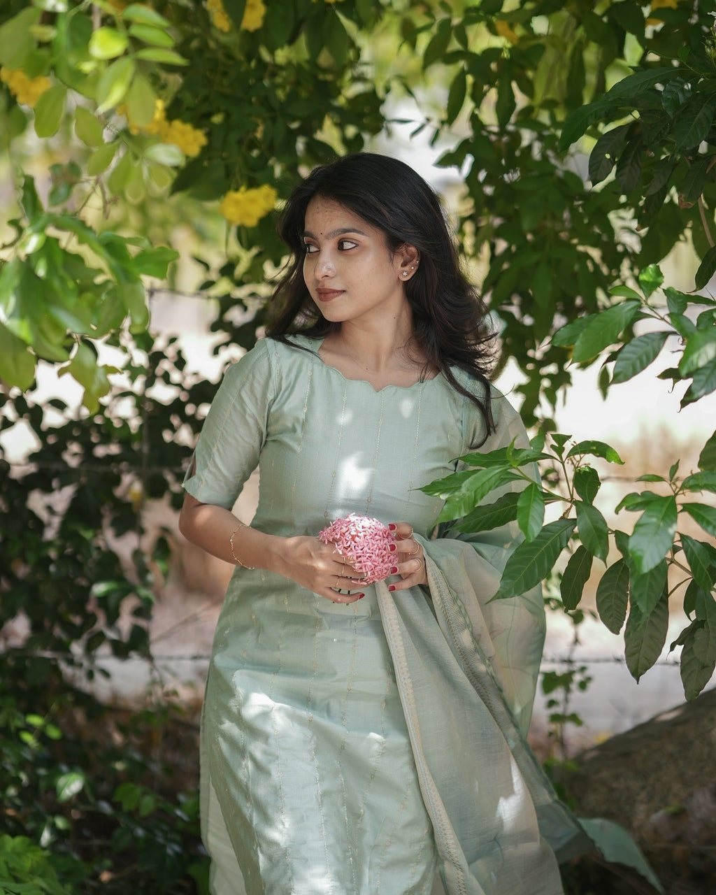 Soft Mint Green Textured Kurta Set with Sheer Dupatta