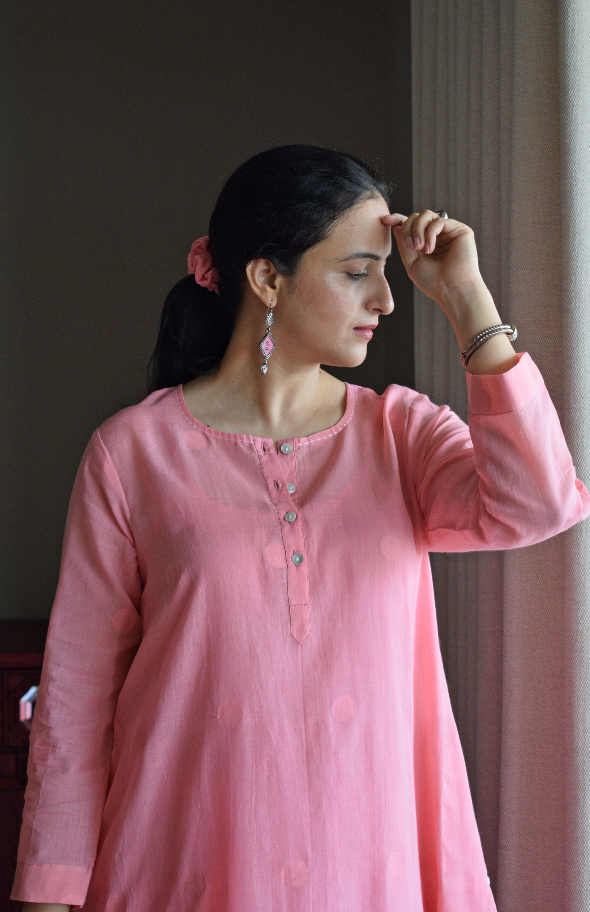 Light Pink Jamdani Polka Dot Kurta with White Pyjama