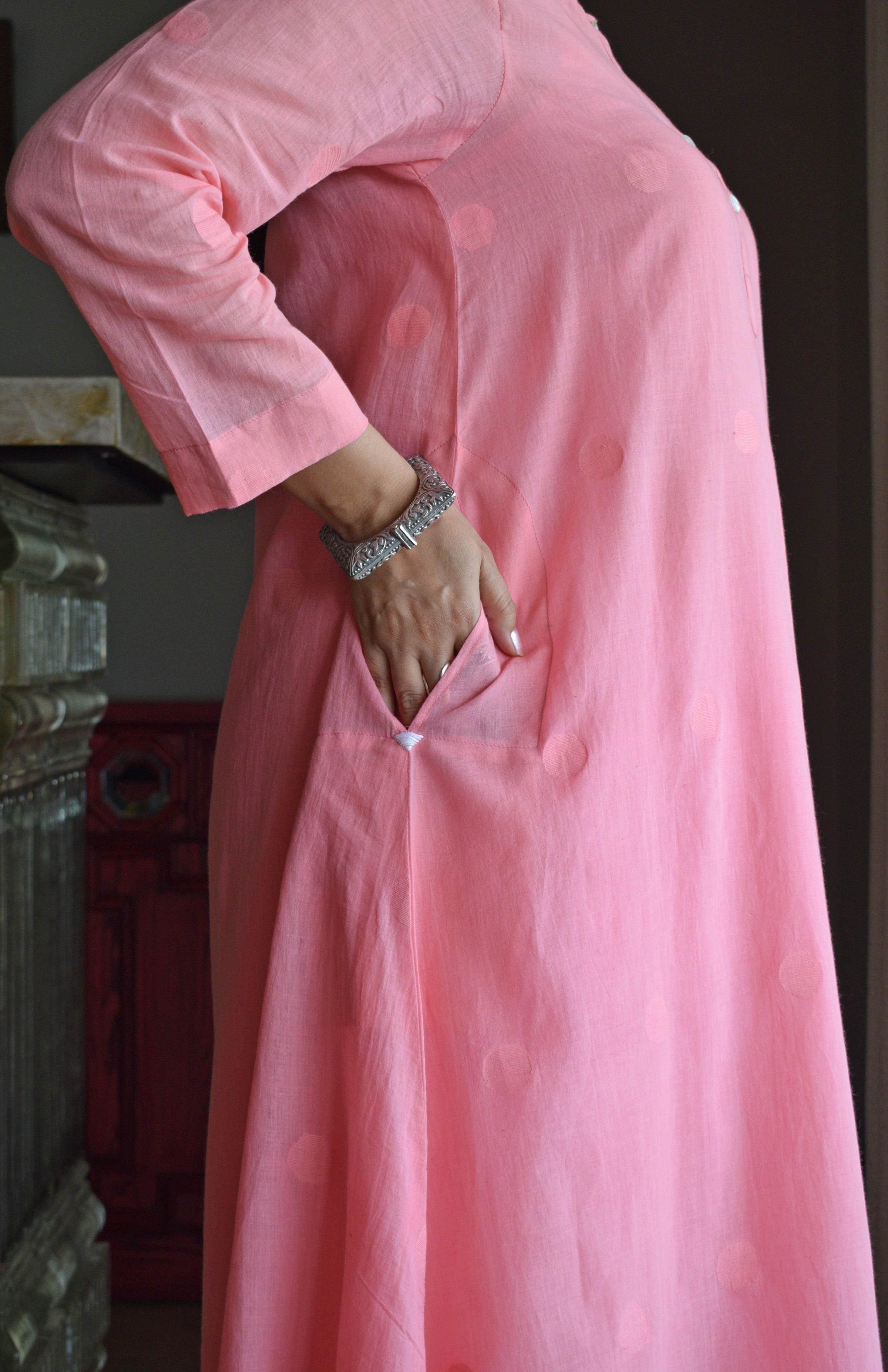 Light Pink Jamdani Polka Dot Kurta with White Pyjama