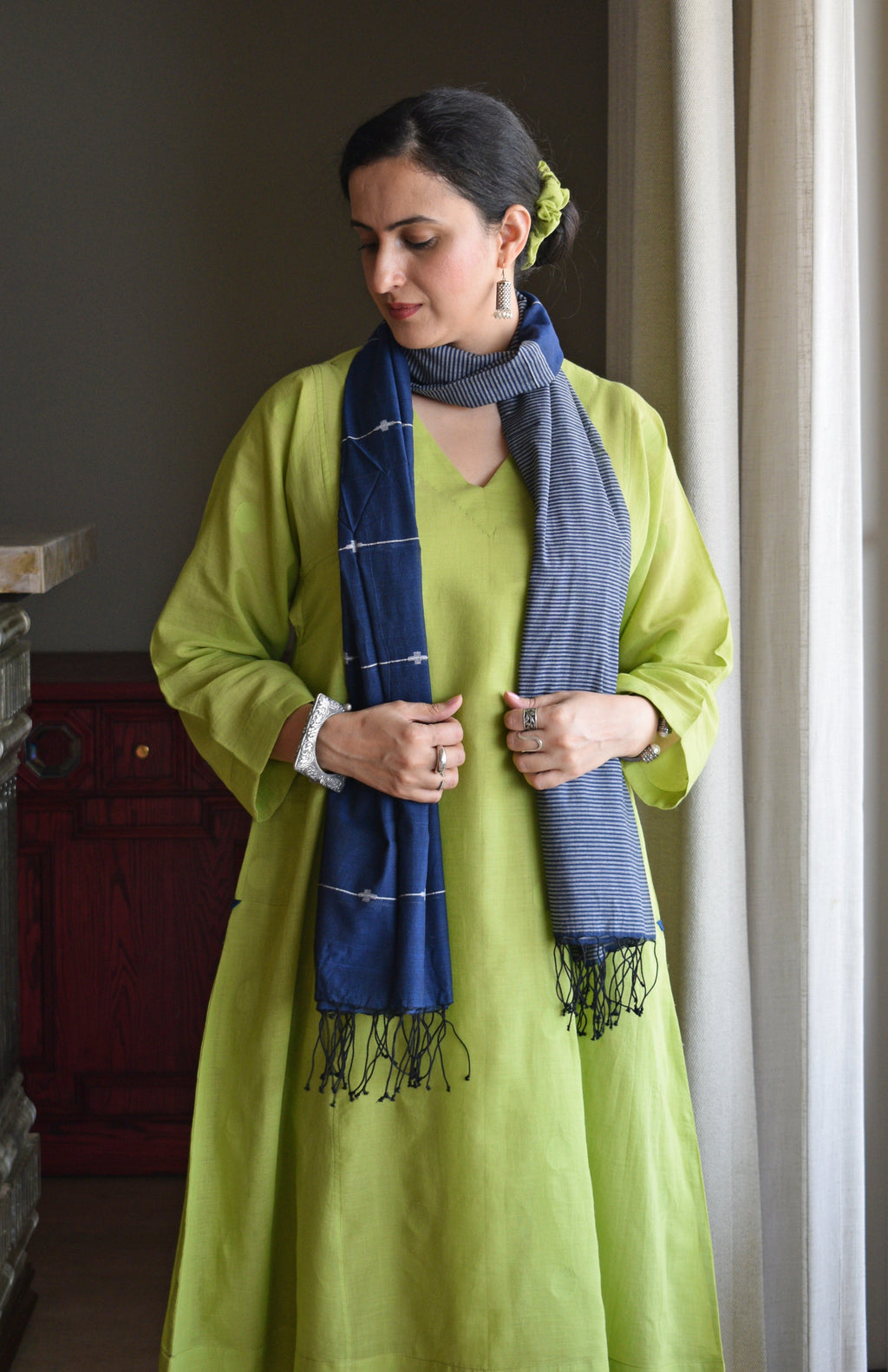 Lime Green Polka Dot Jamdani Phiran with Blue Handwoven Striped Pyjama
