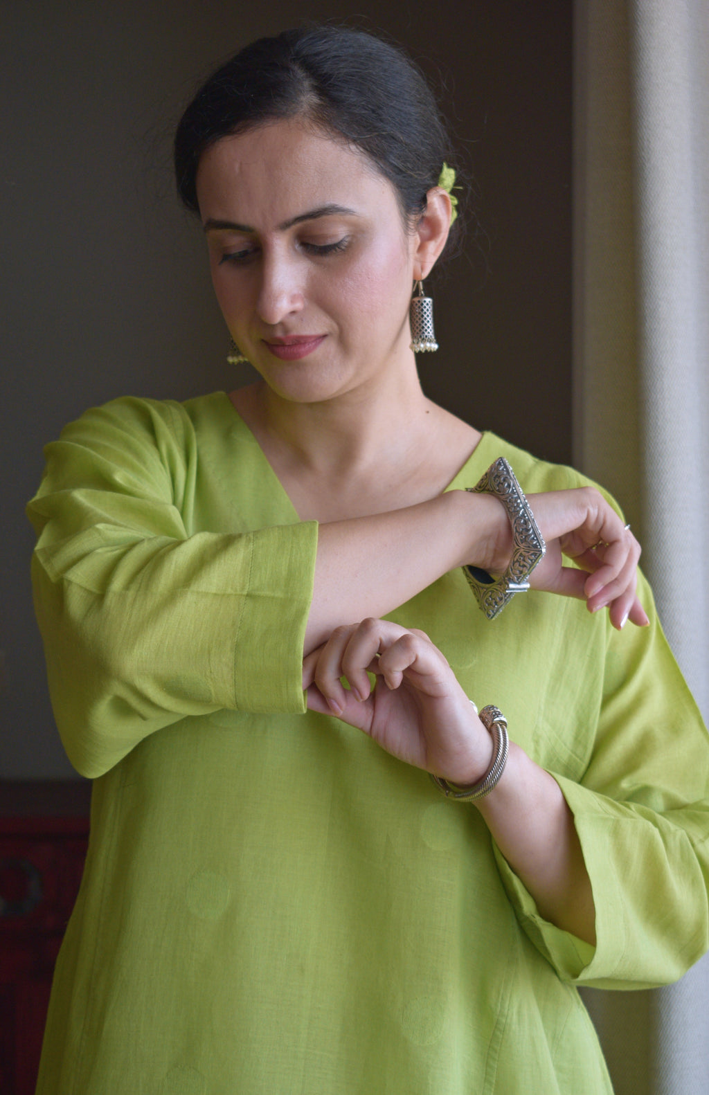 Lime Green Polka Dot Jamdani Phiran with Blue Handwoven Striped Pyjama