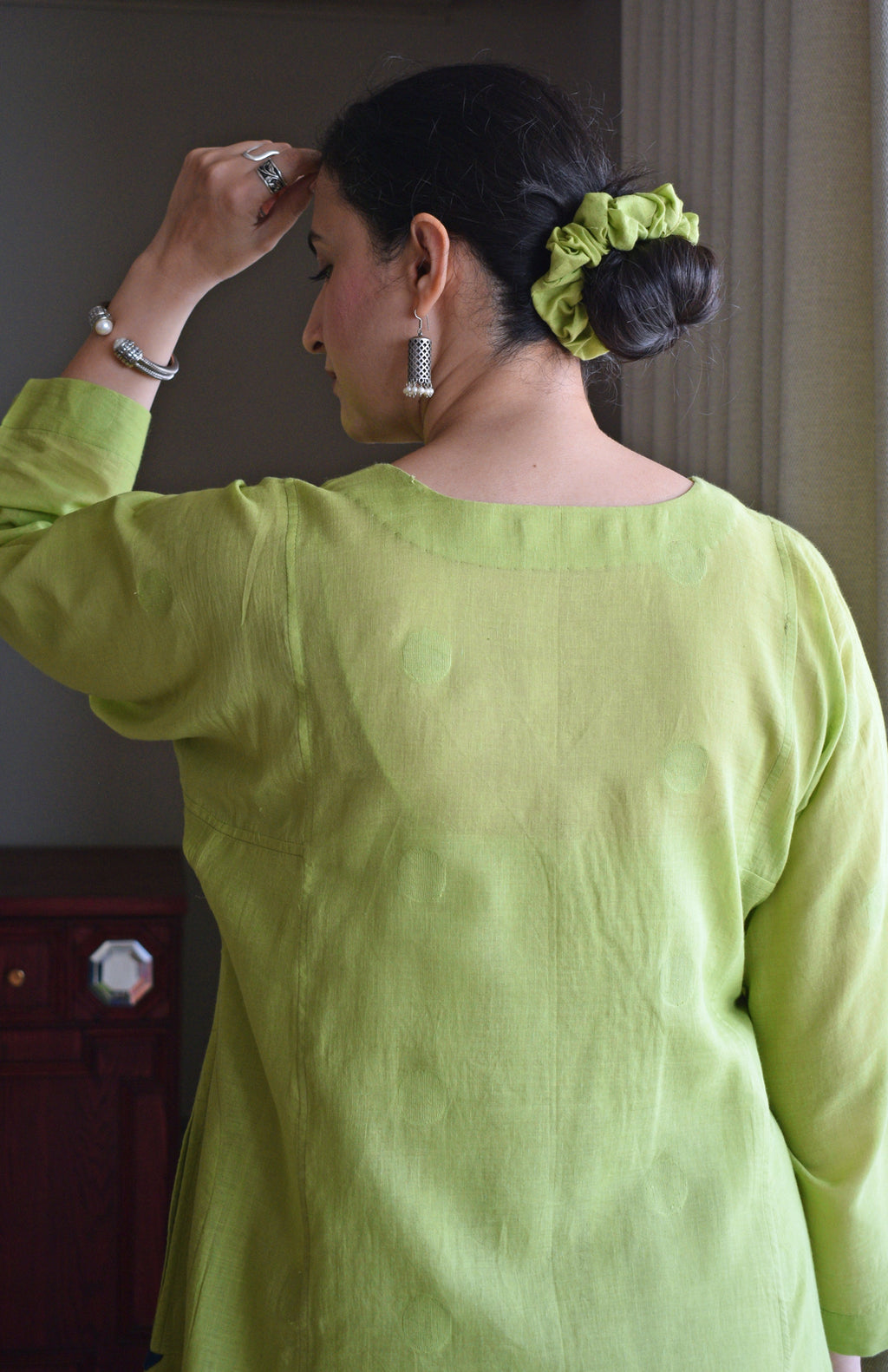 Lime Green Polka Dot Jamdani Phiran with Blue Handwoven Striped Pyjama