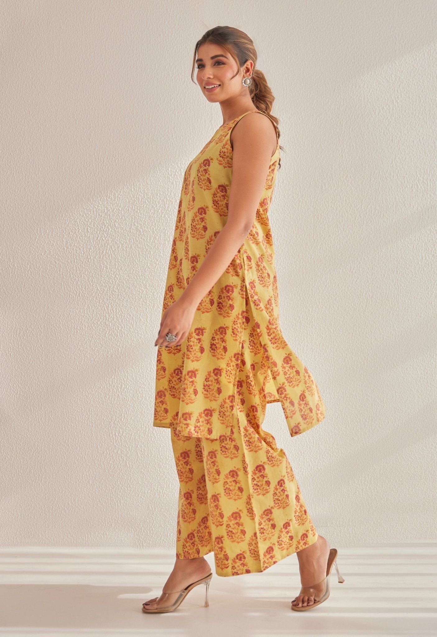 Mustard Sleeveless floral Buta Hand Block  Printed Coord Set