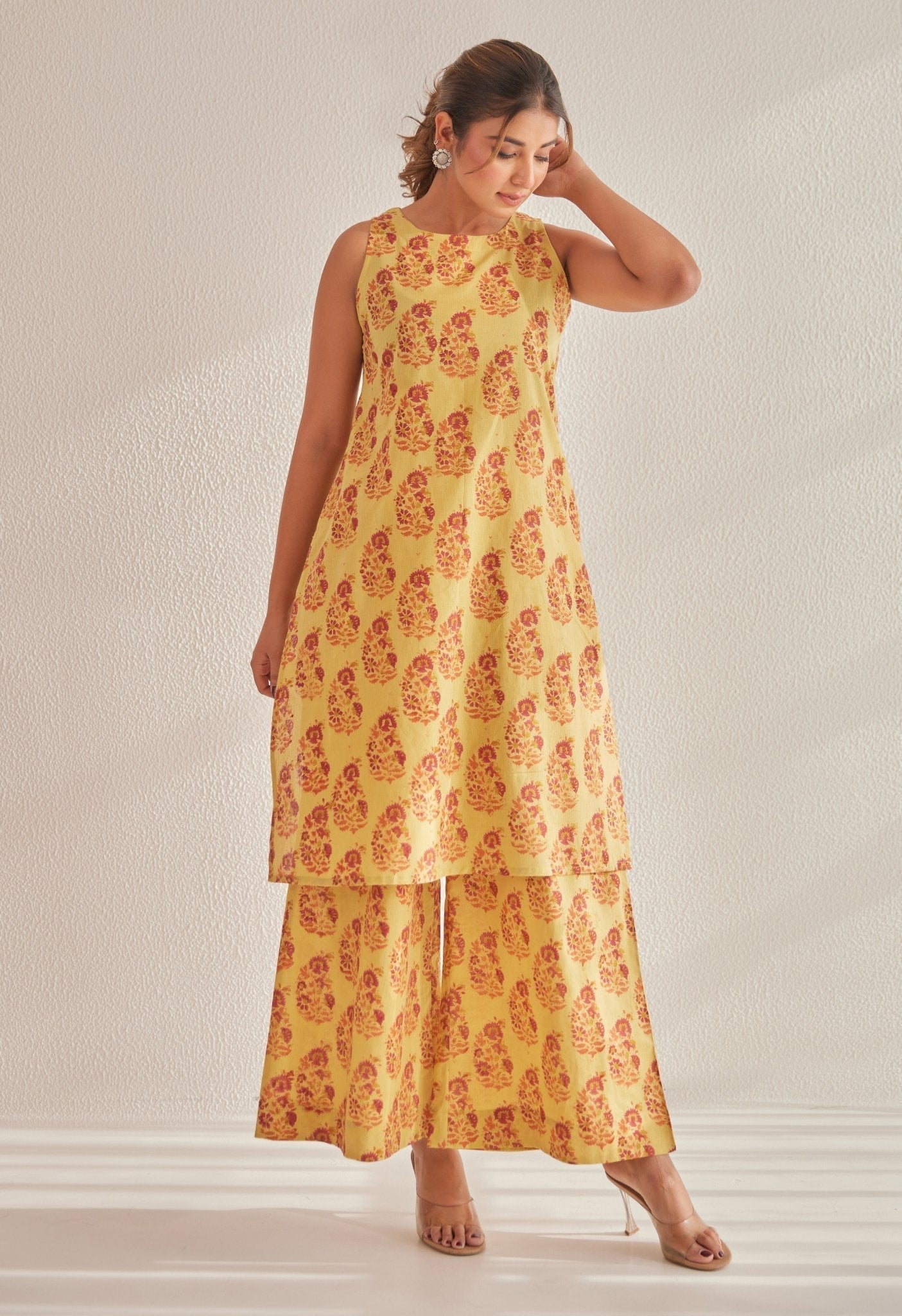 Mustard Sleeveless floral Buta Hand Block  Printed Coord Set