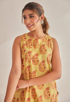 Mustard Sleeveless floral Buta Hand Block  Printed Coord Set