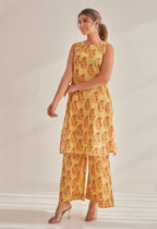Mustard Sleeveless floral Buta Hand Block  Printed Coord Set