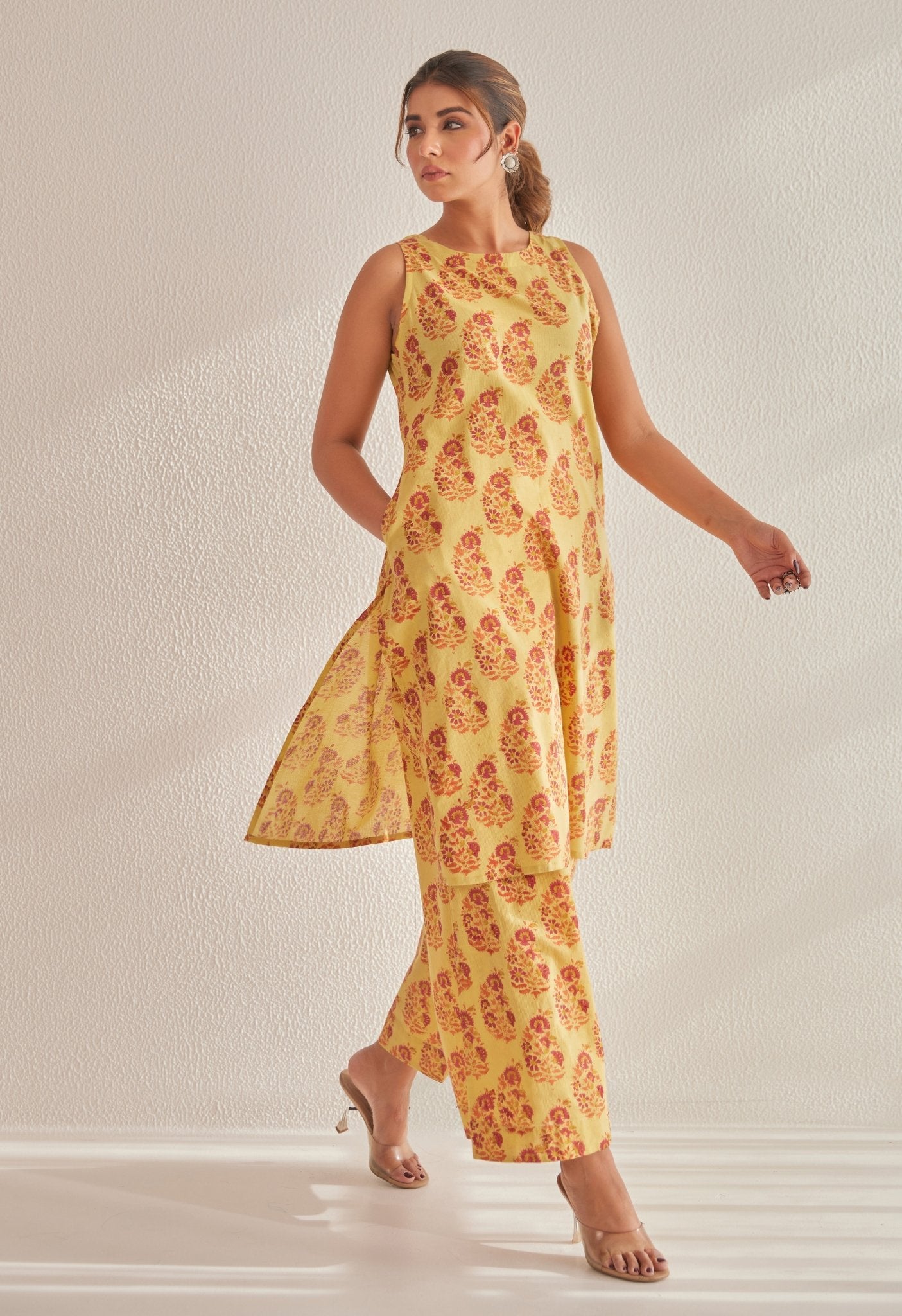 Mustard Sleeveless floral Buta Hand Block  Printed Coord Set