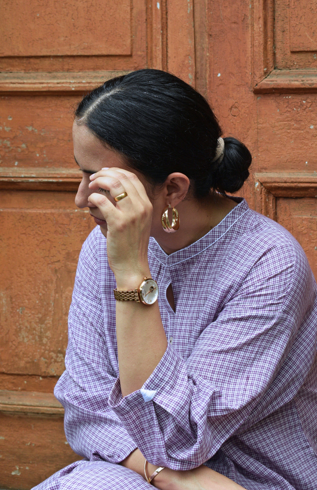 Purple Checks Antifit kurta in Handwoven Cotton and White pyjama