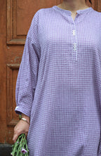 Purple Checks Antifit kurta in Handwoven Cotton and White pyjama