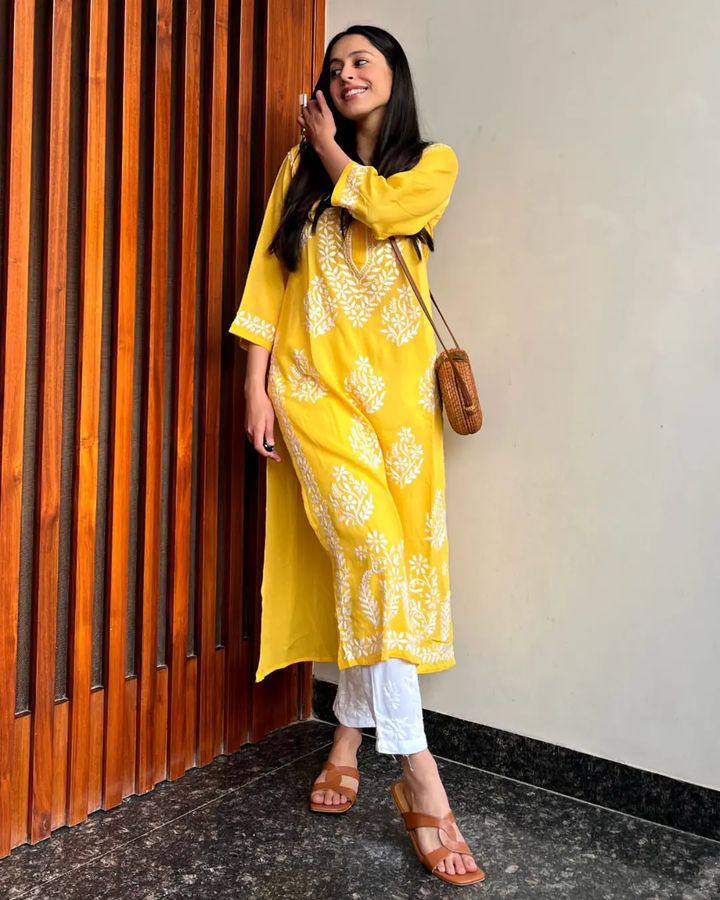 Inaaya Yellow Chikan Kurti Pant Set