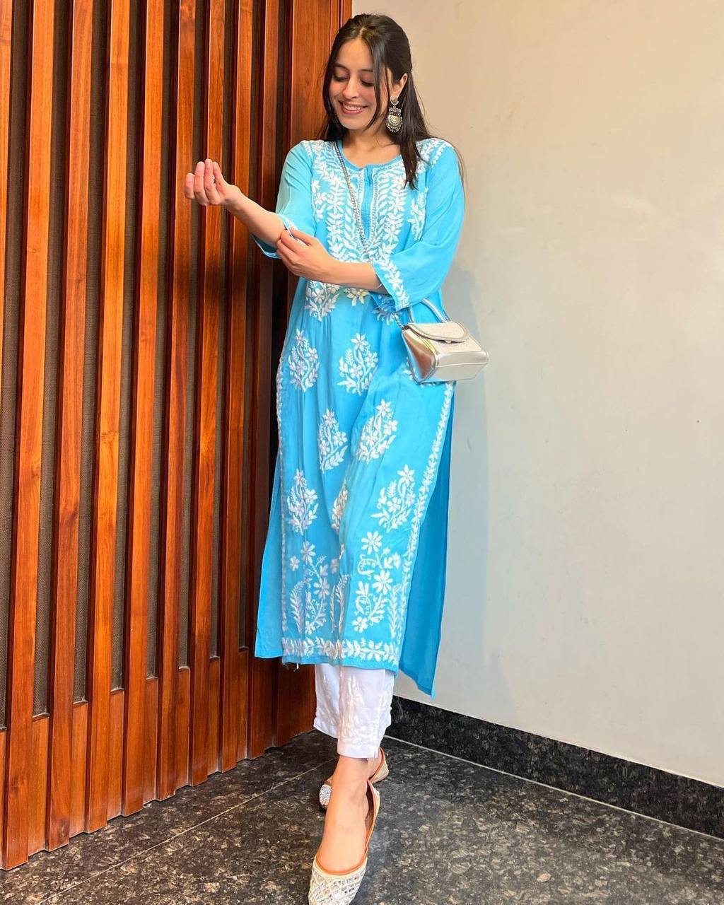 Avni Sky Blue Chikan Kurti Pant Set