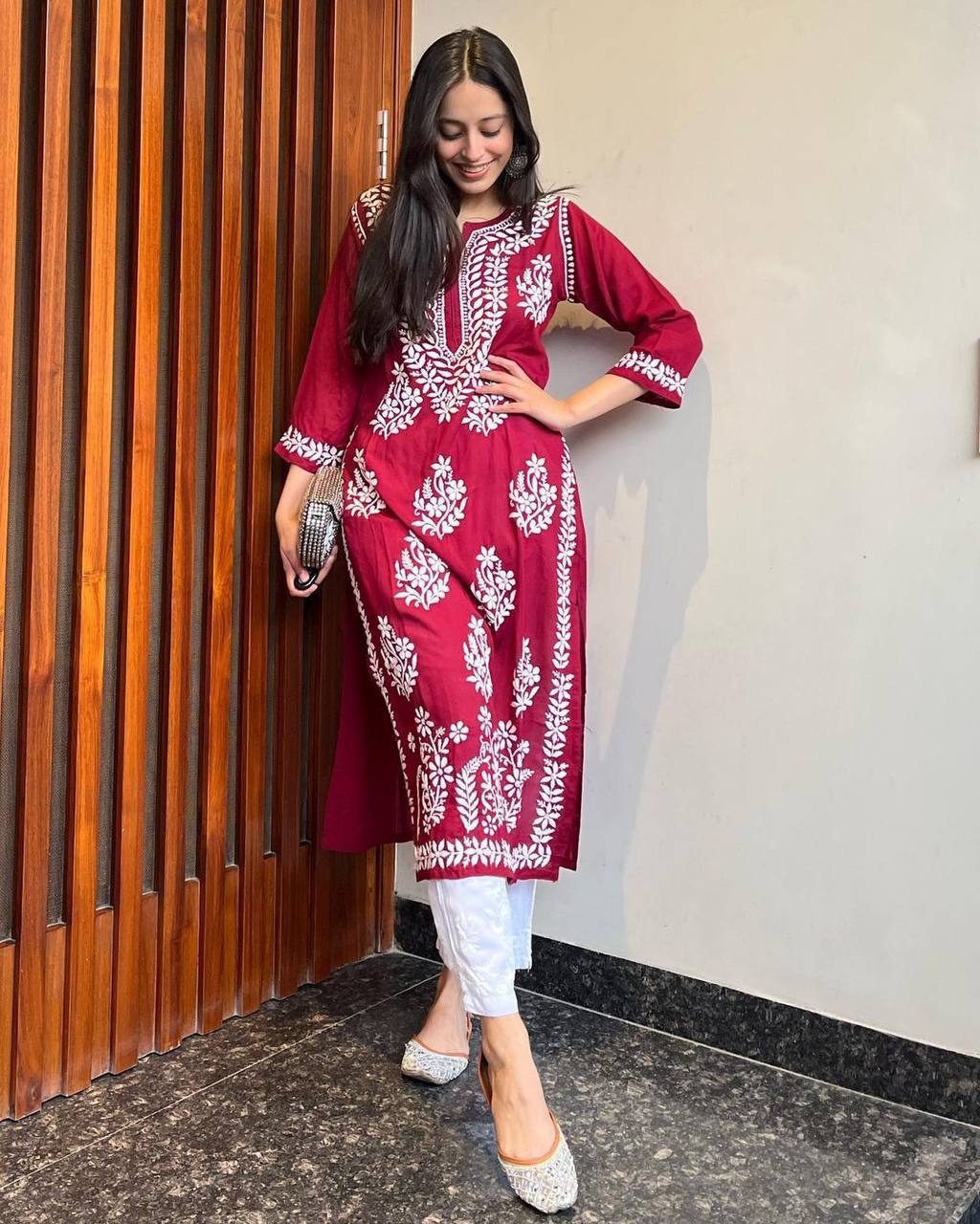 Nisha Maroon Chikan Kurti Pant Set