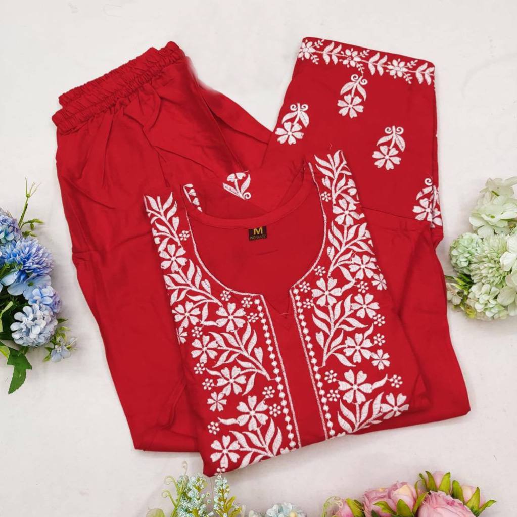 Bhavini Red Chikankari Kurti Pant Set