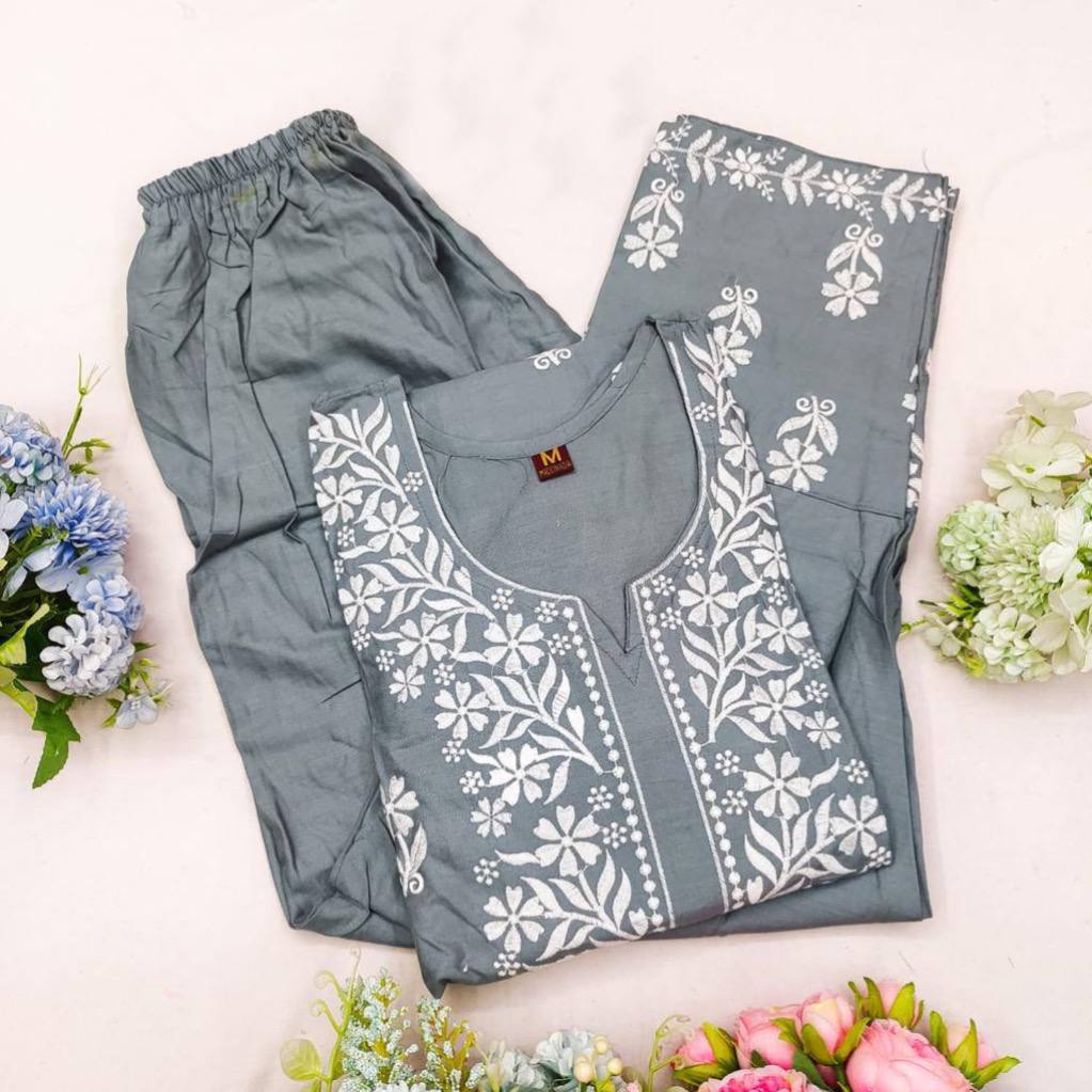 Eshani Grey Chikankari Kurti Pant Set