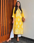 Inaaya Yellow Chikan Kurti Pant Set