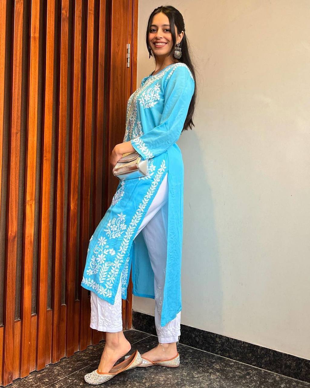 Avni Sky Blue Chikan Kurti Pant Set