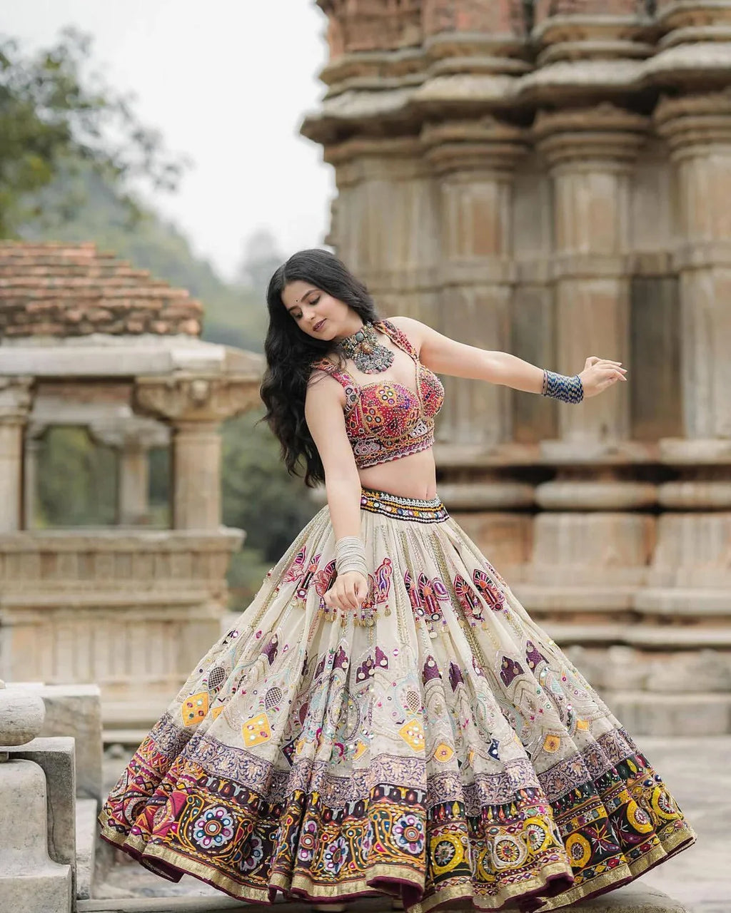 Off White Mirror Work Navratri Lehenga Choli