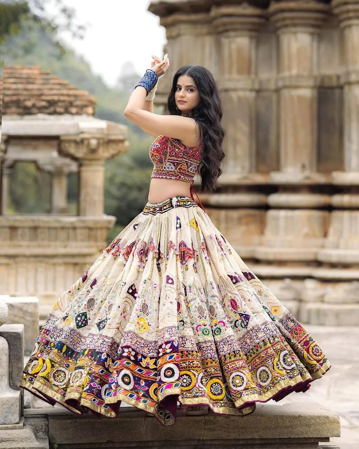 Off White Mirror Work Navratri Lehenga Choli