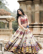 Off White Mirror Work Navratri Lehenga Choli