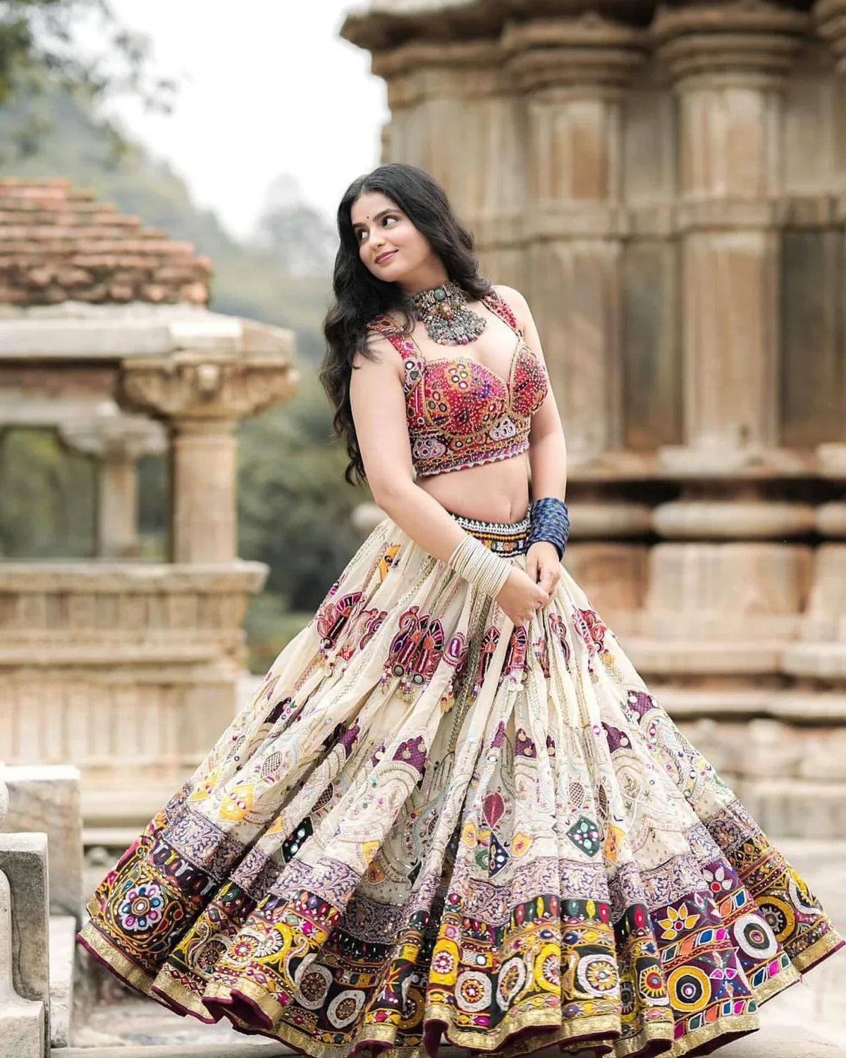 Off White Mirror Work Navratri Lehenga Choli